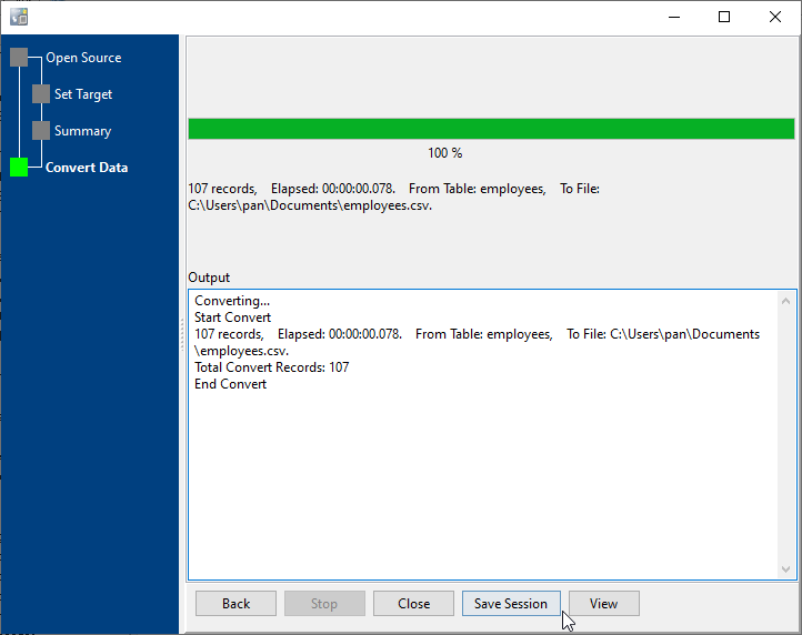 Export data from ODBC Table To File - export