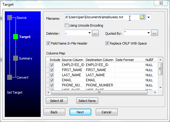 Export data from DBF Table To File - enter file name