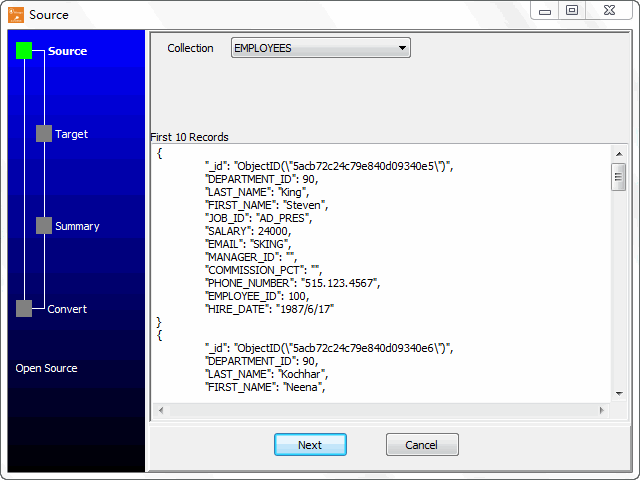 Import data from SQLite Table To MongoDB Collection - select source table