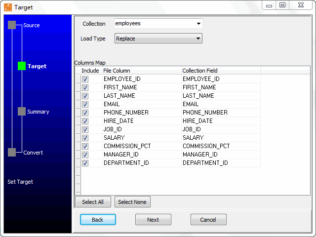 Import data from Oracle Table To MongoDB Collection - select target collection