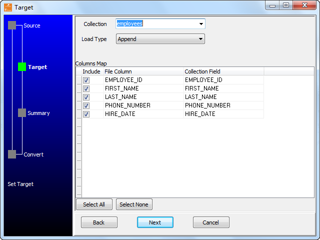 Extract Access  query results data to MongoDB collection - select collection