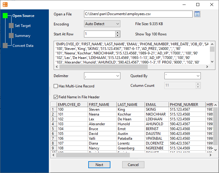 Import file data To databases - select a file