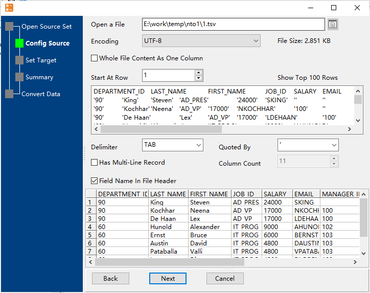 import multiple TSV files to one DBF table - config first file