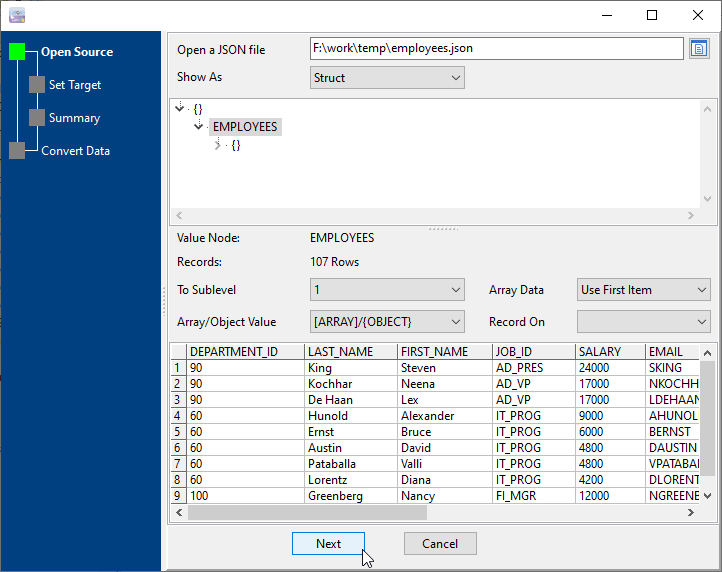 Import JSON data To Oracle - select a file