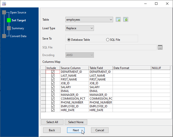 Import data from file To DB2 - select table