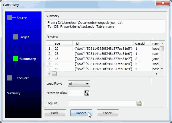 Insert MongoDB exported JSON data to Access  table - preview