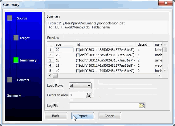 Insert MongoDB exported JSON data to SQLite  table - preview