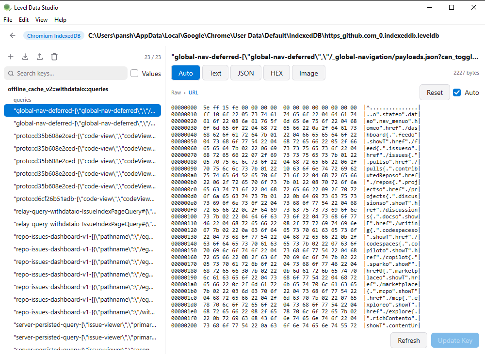 LevelDataStudio shows a Chromium IndexedDB database as a tree of object stores and primary keys