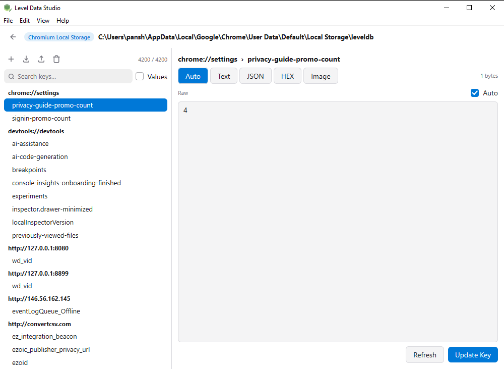 Chromium Local Storage opened in Level Data Studio, values grouped by site