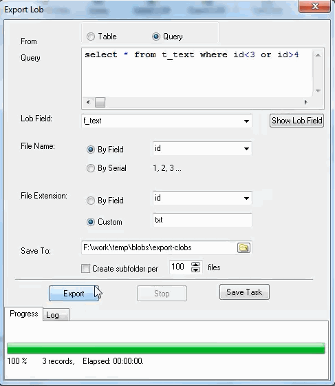 Batch export PostgreSQL query results TEXT (CLOB) data to files