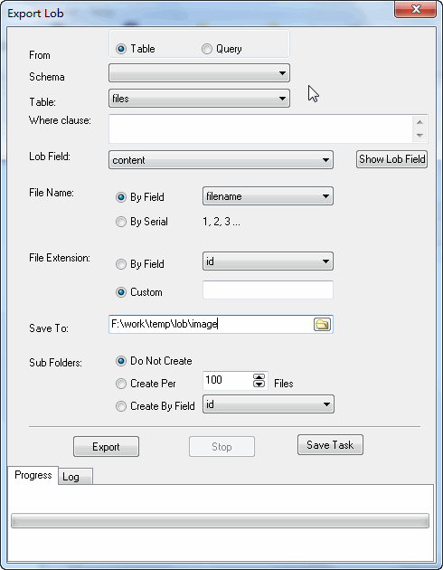 Batch transfer BLOB data between RDBMS - config export