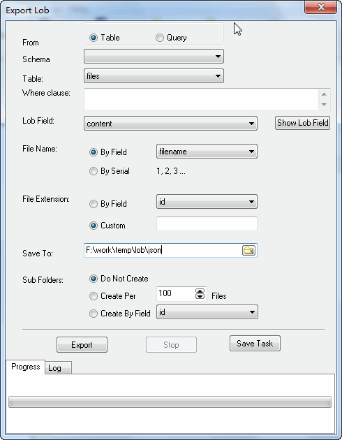 Batch dump json files from Oracle CLOB - config