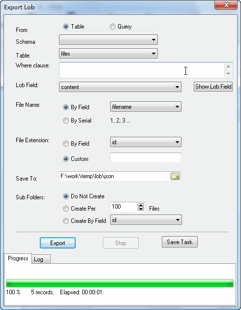 Batch save PostgreSQL TEXT (CLOB) to json files - export