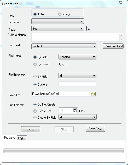 Batch dump pdf files from MySQL BLOB - config