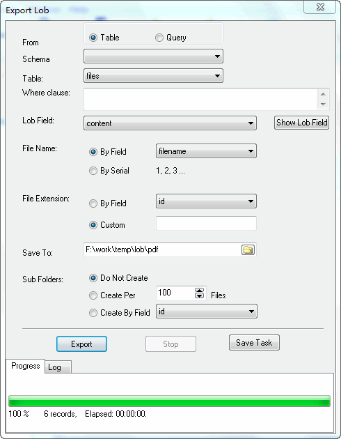 Batch save DB2 BLOB to pdf files - export