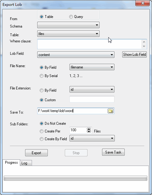 Batch dump word files from SQLite BLOB - config