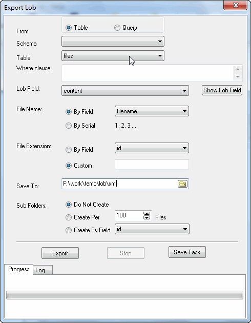 Batch dump xml files from SQLite CLOB (TEXT, NTEXT) - config