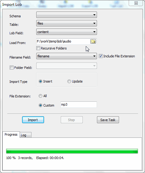 Batch save audio files into DB2 BLOB  - import