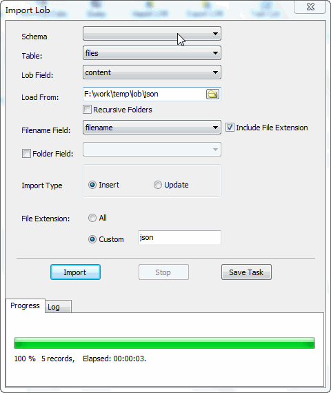 Batch save json files into SQLite CLOB (TEXT, NTEXT)  - import