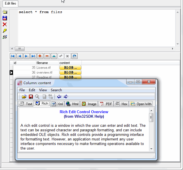 Batch import rtf files into SQLite CLOB (TEXT, NTEXT)  - view