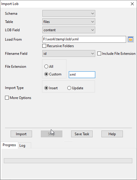 Batch insert xml files into PostgreSQL TEXT (CLOB) - config