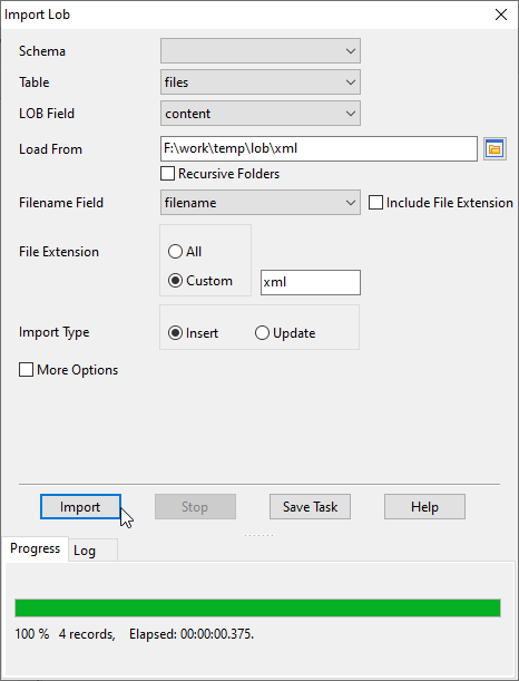 Batch save xml files into MySQL TEXT (CLOB)  - import