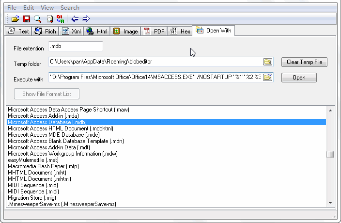 Choosing the external program that should open a stored LOB value