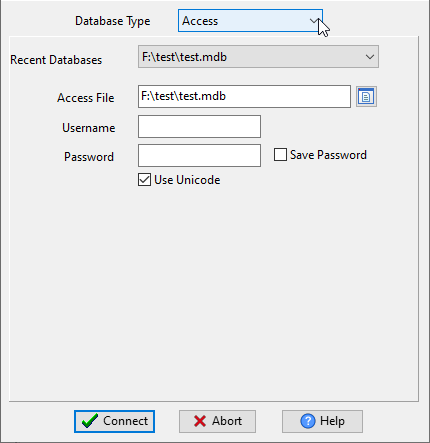 convert Access  data to DBF data - Choose Access and logon