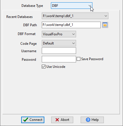 export DBF  (dBase, FoxBase, FoxPro) table to TSV file - Choose DBF and logon