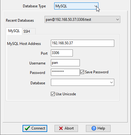 convert online TSV file to MySQL (MariaDB, Percona) table - Choose MySQL and logon