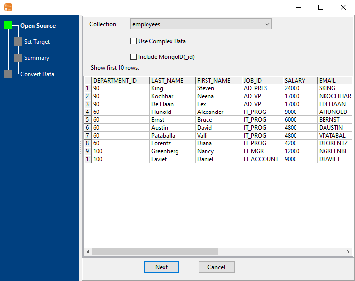 Import data from MongoDB Collection To relational databases Table - select source collection