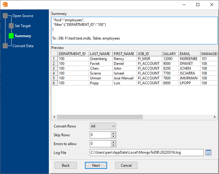 Load data from MongoDB query to Access table - preview