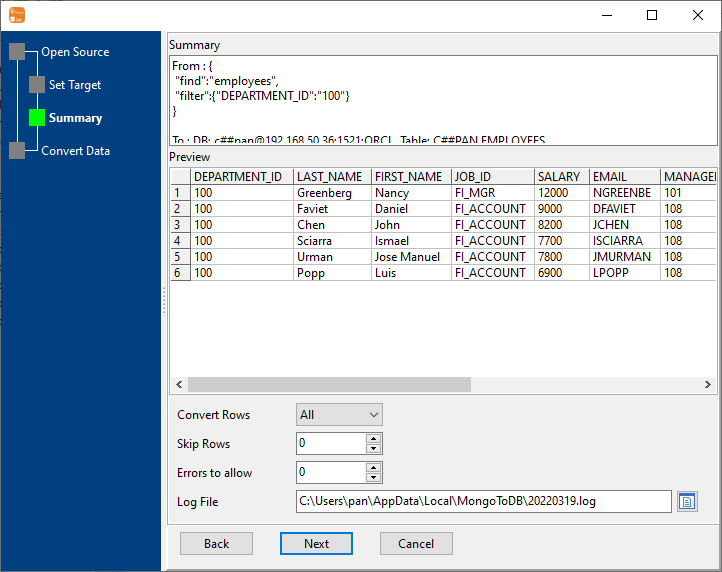 Load data from MongoDB query to Oracle table - preview