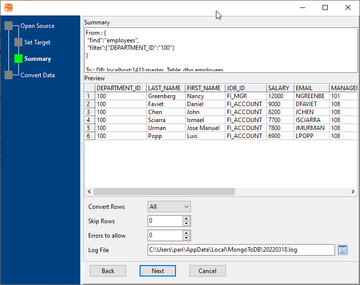 Load data from MongoDB query to SQL Server table - preview