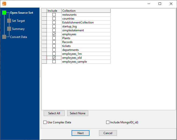 Convert data from multiple MongoDB collections to 1 PostgreSQL table - select collections