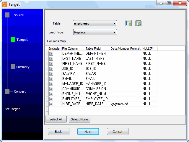 Import data from MongoDB Collection To DBF Table - select target table