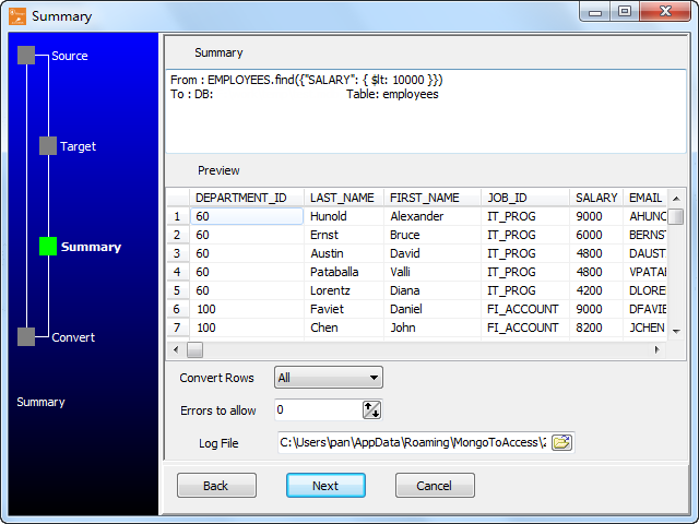 Load data from MongoDB query results to Access table - preview