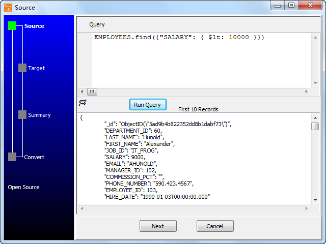 Convert data from MongoDB query results to SQLite table - open query results