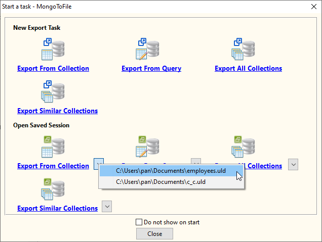 MongoDB To Files - load session button