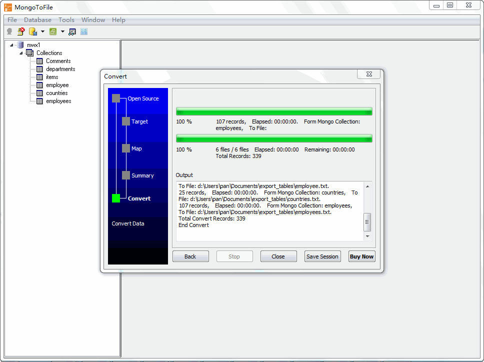 MongoToFile exports MongoDB collections and queries to CSV, Excel, JSON, XML, SQL, fixed-width and YAML