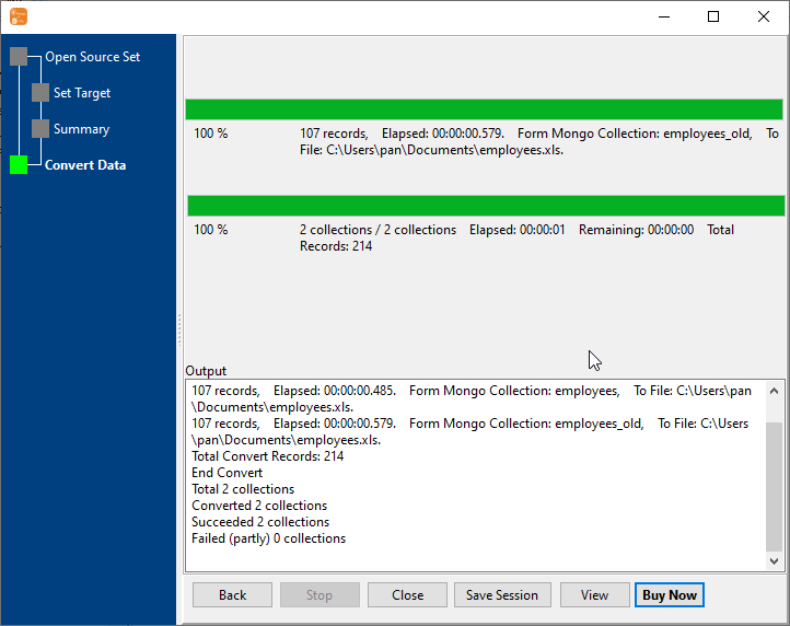 Export multiple MongoDB collections to 1 Excel file - convert file