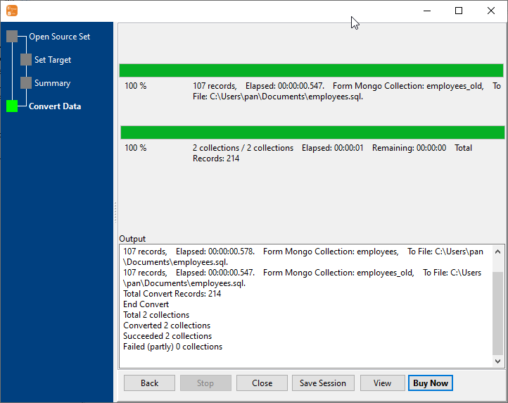 Export multiple MongoDB collections to 1 SQL file - convert file