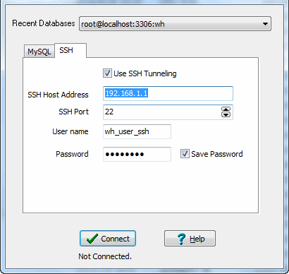 connect MySQL through SSH tunnel - SSH parameters 