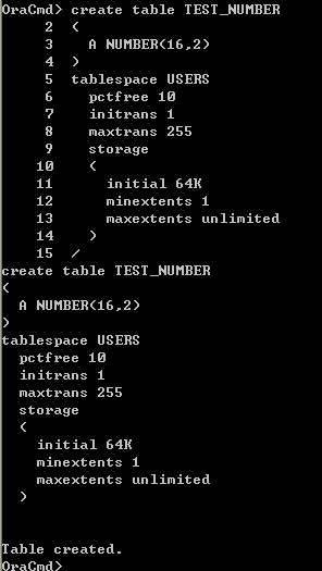 Oracle Command Tool - create oracle table