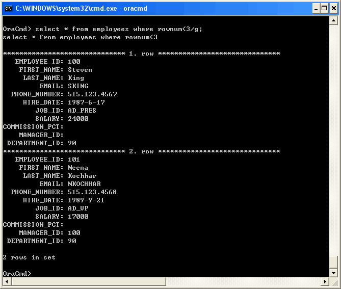 Oracle Command Tool - display fetch results vertically