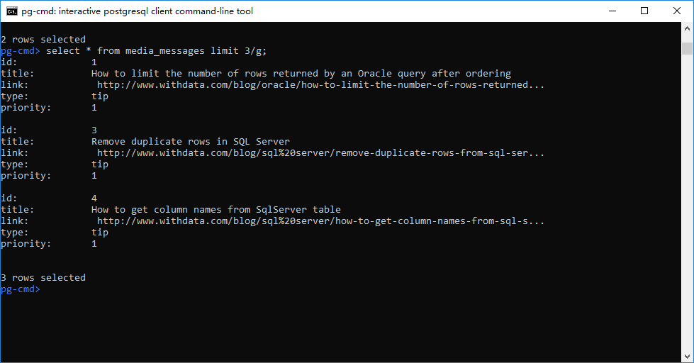 PostgreSQL Command Tool - display fetch results vertically