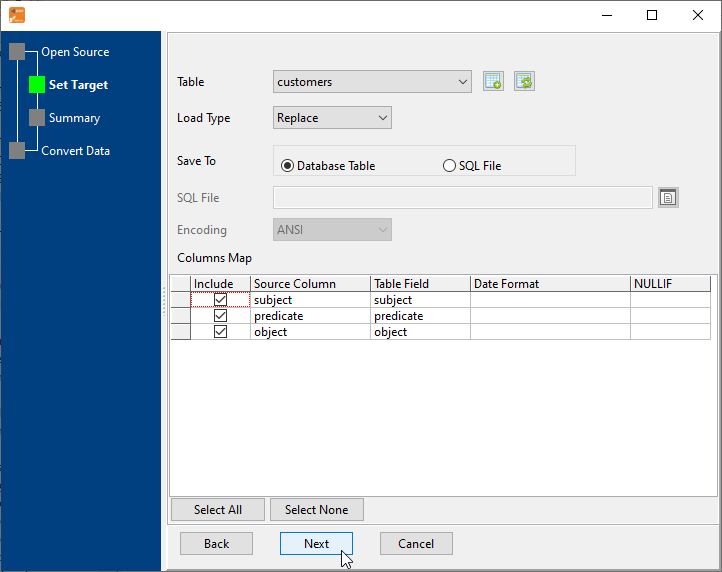 Import data from file To SQLite - select table