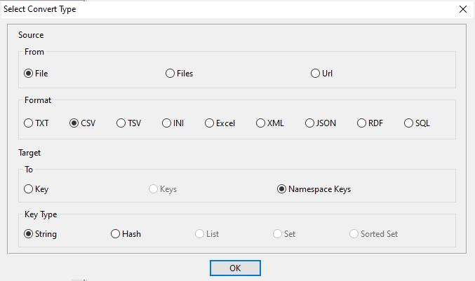 Import CSV file into Redis string keys in same namespace - choose types