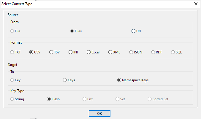 Batch import CSV files into Redis hash keys in same namespace - choose types