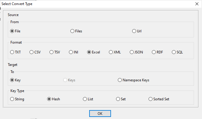 Import Excel file into Redis hash key - task window